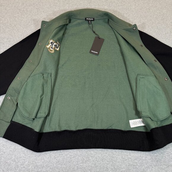 True Religion Men's Collared Patch Fleece Varsity Jacket Medium Green Black NWT - Picture 10 of 15
